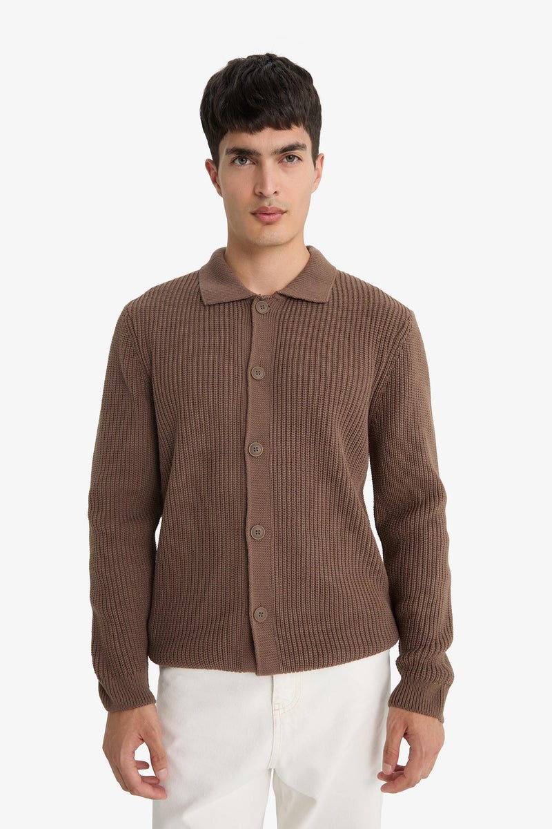 DeFacto Brown Man Standard Fit Polo Collar Knitwear Cardigan Casual - Image 4